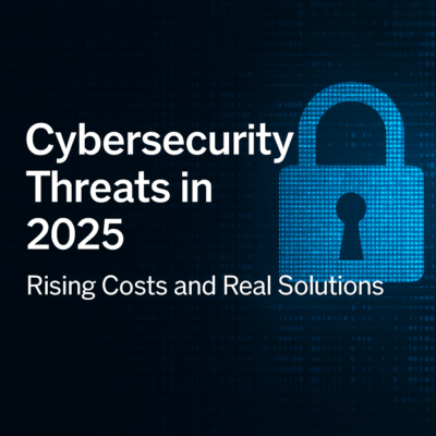 Digital graphic showing the title ‘Cybersecurity Threats in 2025: Rising Costs and Real Solutions’ with a glowing blue padlock icon on a dark matrix background, symbolizing data protection and cybersecurity.