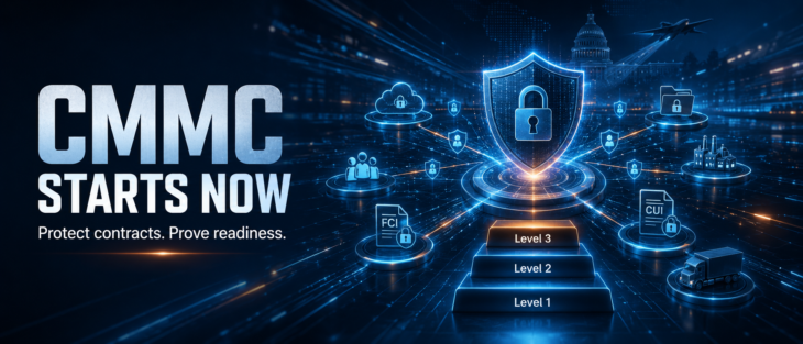 Banner image for blog post “Why CMMC Matters to You” showing a cybersecurity theme — shield, clipboard with checkmark, and government building, symbolizing compliance and protection.