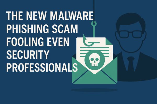 Banner image for blog post “The New Malware Phishing Scam Fooling Even Security Professionals,” showing an envelope with a skull icon caught on a phishing hook beside a silhouette of a security expert, in Anvaya Solutions colors (navy and green).