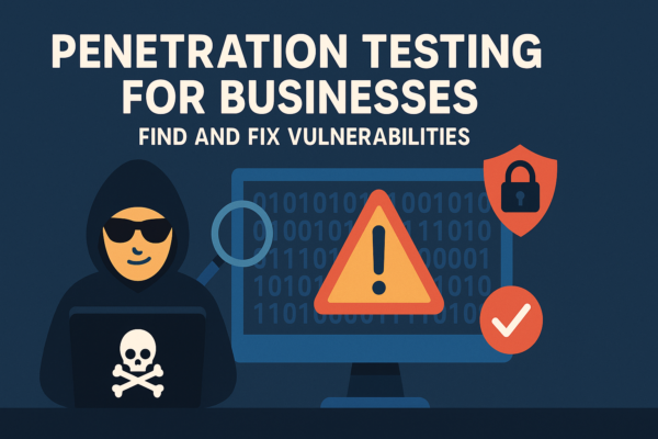 Cybersecurity illustration showing a hacker and a computer warning symbol under the title ‘Penetration Testing for Businesses: Find and Fix Vulnerabilities,’ representing business protection against cyber threats.