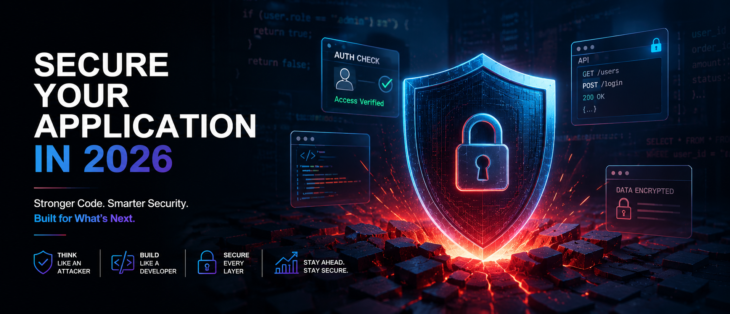 Application Security 2026 themed banner featuring a glowing green padlock inside a shield, surrounded by cloud, mobile, and code interface elements.