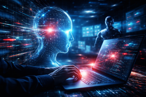 Using AI in penetration testing visualization showing an advanced digital environment with an AI-driven human interface analyzing and executing cyber attack simulations on a laptop within a futuristic network operations setting