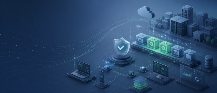 AI-powered cybersecurity infrastructure showing protected systems, cloud assets, and software update flows for What Mythos Means For Security.